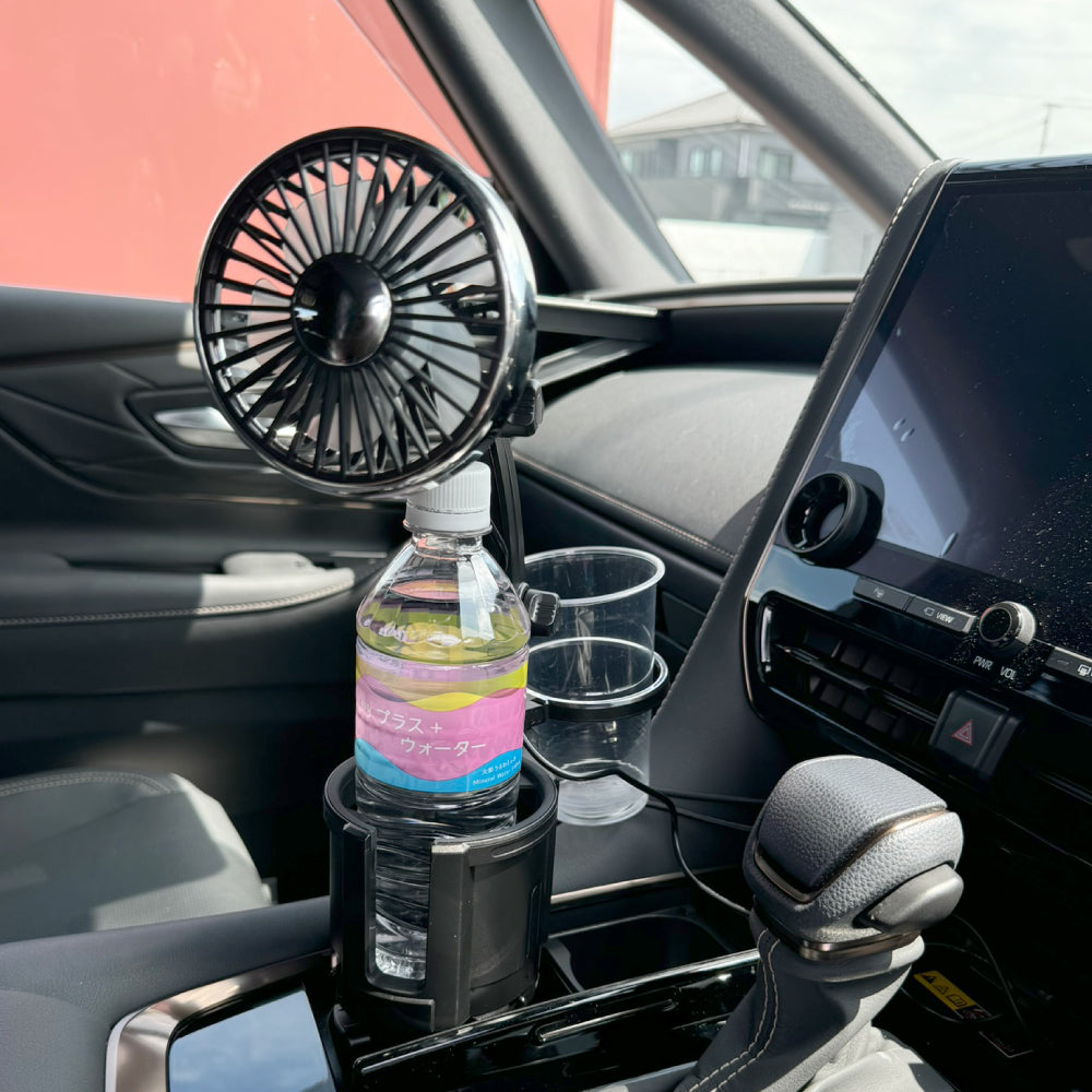 車用 扇風機付き ドリンクホルダー カップホルダー 2in1 LED イルミネーション ライト 車載 車内 カー用品 12V 24V 汎用 カスタム パーツ アクセサリー 内装 車中泊 便利 グッズ